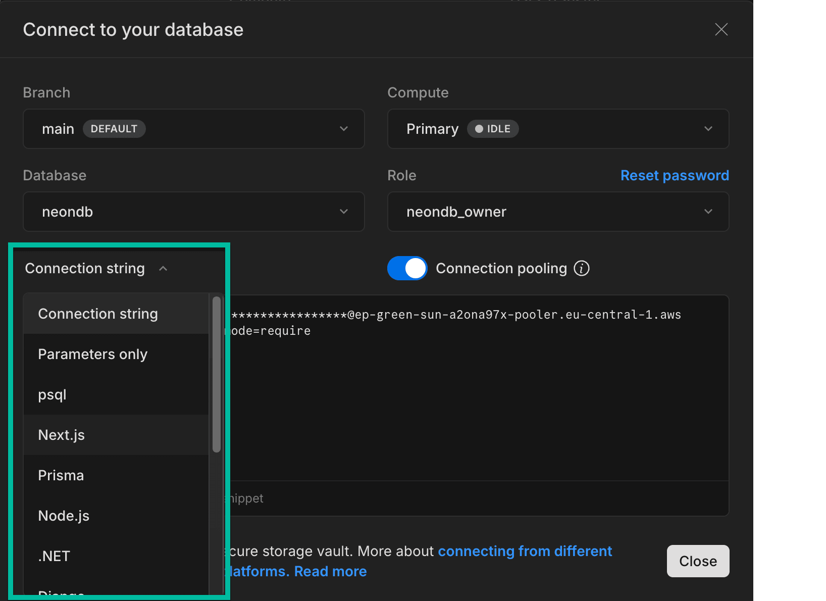 Next.js connection snippet from the Connection details widget on the Neon Dashboard