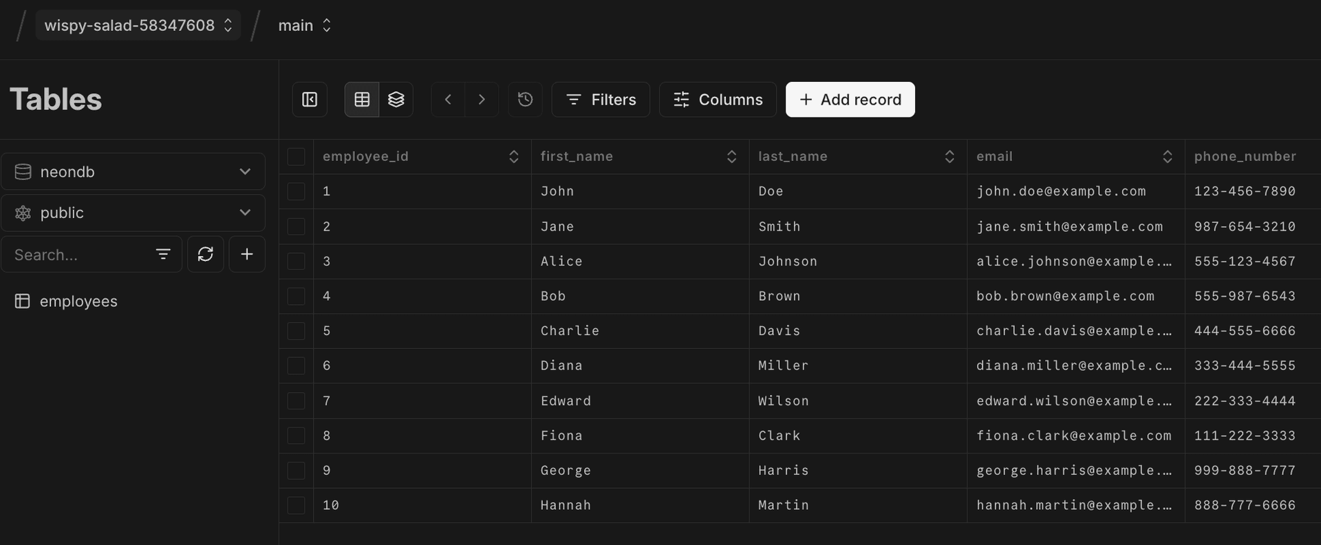 main branch with schema and data